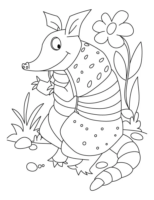 Desenho de contorno em preto e branco de um tatu em pé sobre duas patas traseiras, com uma carapaça pintalgada, ao lado de uma flor grande e grama.