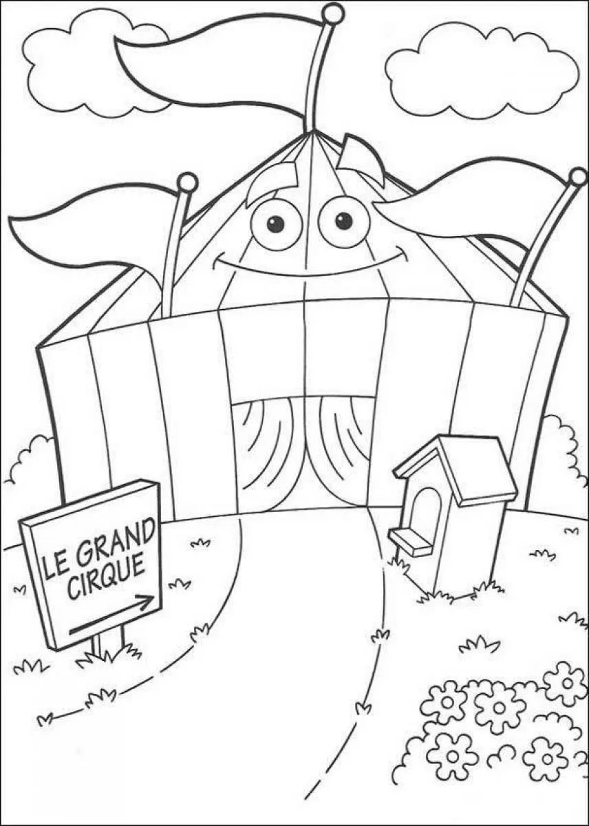 Desenho de contorno de uma tenda de circo com olhos e sorriso, bandeiras no topo, uma placa de boas-vindas e um jardim com flores.