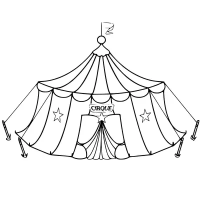 Desenho de contorno de uma tenda de circo tradicional (lona) com listras, estrelas nas laterais, uma bandeira no topo e a placa escrita 