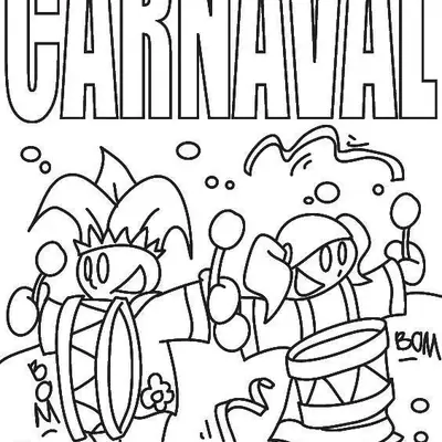 Desenho de contorno com a palavra CARNAVAL no topo em letras grandes, abaixo dois personagens fantasiados tocando tambores com baquetas.