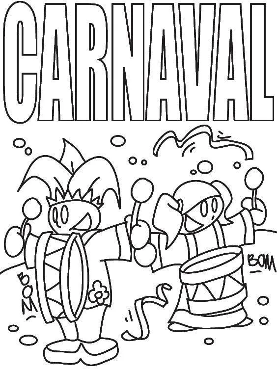 Desenho de contorno com a palavra CARNAVAL no topo em letras grandes, abaixo dois personagens fantasiados tocando tambores com baquetas.