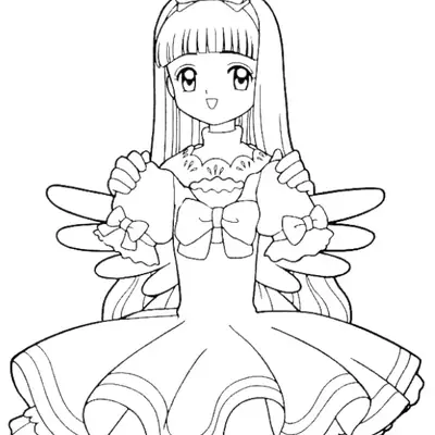 Desenho de contorno da Tomoyo Daidouji com seu longo cabelo liso e um laço, segurando à sua frente um vestido de babados com pequenas asas nas costas.