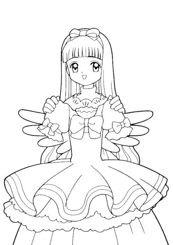 Desenho de contorno em preto e branco de Tomoyo Daidouji sorrindo, segurando um vestido rodado com grandes laços e asas de penas nas costas.