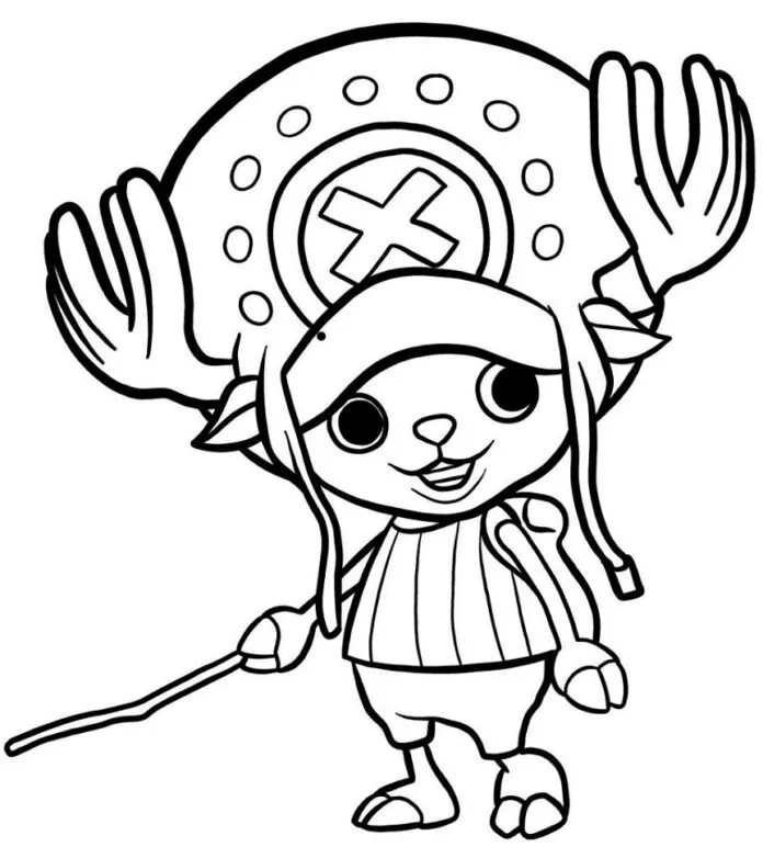 Desenho de contorno em preto e branco do Tony Tony Chopper em estilo chibi, usando seu chapéu com o símbolo da cruz e segurando um graveto.