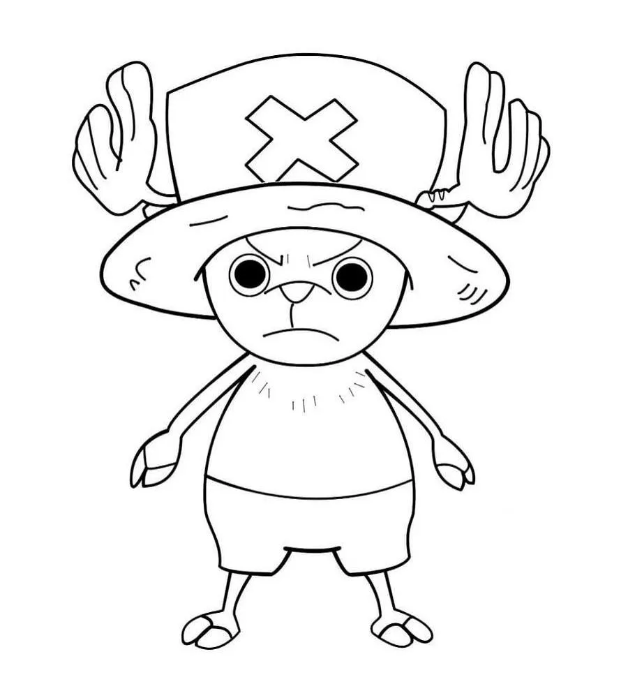Desenho de contorno em preto e branco do Tony Tony Chopper em pé, com traços simples, usando seu chapéu grande com a cruz médica e calções.