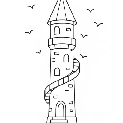 Desenho de contorno de uma torre de castelo alta com uma escada externa em caracol, telhado cônico com bandeira, degraus na base e pássaros voando ao redor.