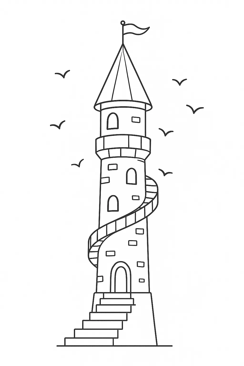 Desenho de contorno de uma torre de castelo alta com uma escada externa em caracol, telhado cônico com bandeira, degraus na base e pássaros voando ao redor.