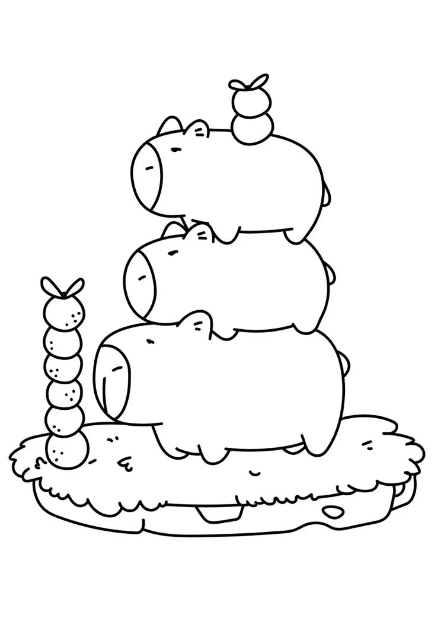 Desenho de contorno de três capivaras fofas e redondas empilhadas umas sobre as outras, com uma laranja no topo e uma pilha de laranjas ao lado.