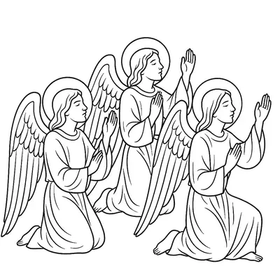 Desenho de Três Anjos com Asas e Auréolas em Postura de Oração e Adoração