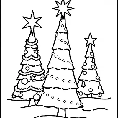 Desenho de contorno de três árvores de Natal lado a lado em um campo de neve, cada uma com uma estrela no topo e decorada com cordões e bolinhas.