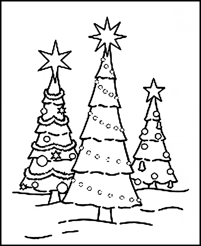 Desenho de contorno de três árvores de Natal lado a lado em um campo de neve, cada uma com uma estrela no topo e decorada com cordões e bolinhas.