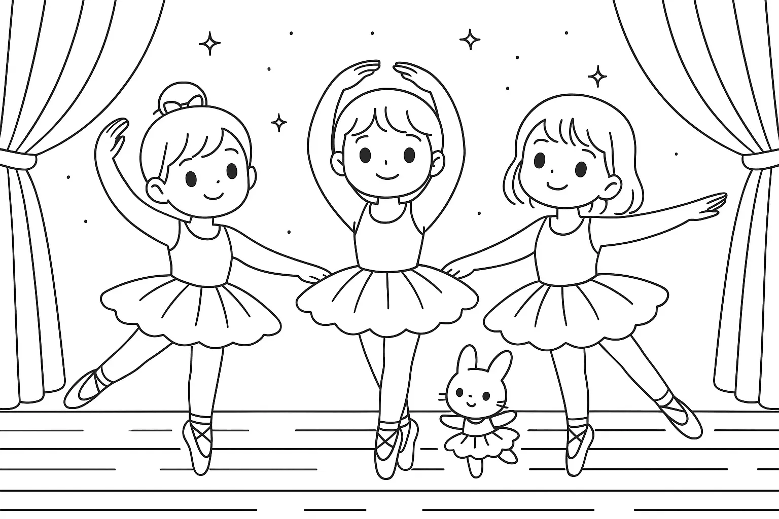 Desenho de linha de três meninas bailarinas de mãos dadas no palco, usando tutus, com um coelho de tutu entre elas e cortinas de teatro nas laterais.