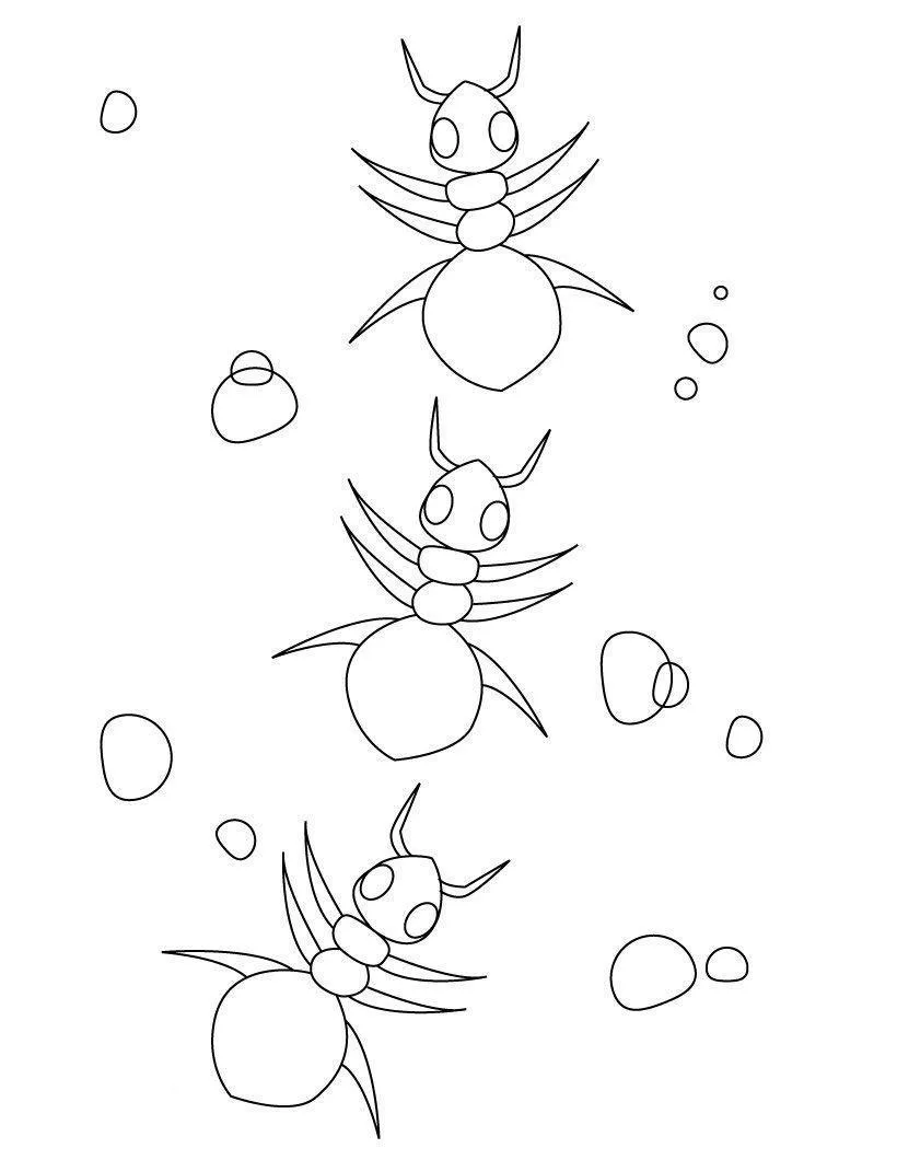 Desenho de contorno em preto e branco de três formigas estilizadas caminhando em linha, cercadas por círculos decorativos.