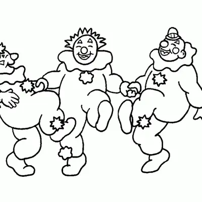 Desenho de contorno de três palhaços gordinhos e divertidos dançando em linha, de mãos dadas, com estrelas decorando suas fantasias.