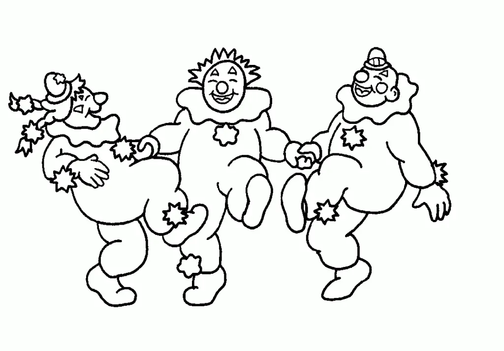 Desenho de contorno de três palhaços gordinhos e divertidos dançando em linha, de mãos dadas, com estrelas decorando suas fantasias.