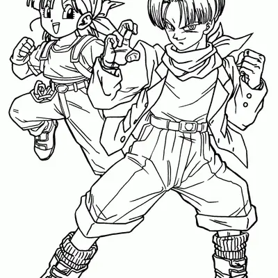Desenho de contorno em preto e branco de Trunks com jaqueta e lenço e Pan com mochila e bandana, ambos em pose de luta.