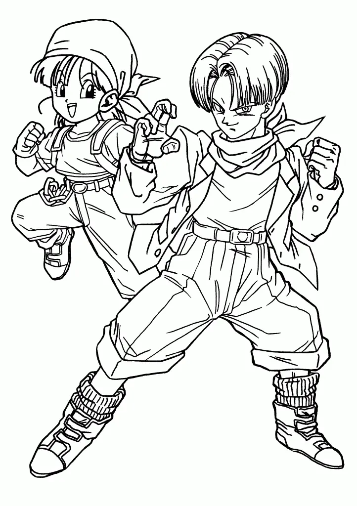 Desenho de contorno em preto e branco de Trunks com jaqueta e lenço e Pan com mochila e bandana, ambos em pose de luta.