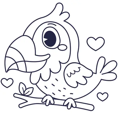 Desenho de contorno de um tucano filhote com olhos grandes, bico listrado, posado em um pequeno galho com folhas e três corações ao redor.