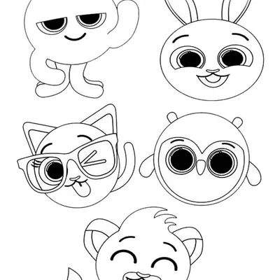 Desenho de contorno reunindo os cinco personagens dos Bolofofos: o polvinho Pow, a coelhinha Bunny, a gatinha Sophie piscando, a corujinha Pipi e o leãozinho Rick sorrindo.