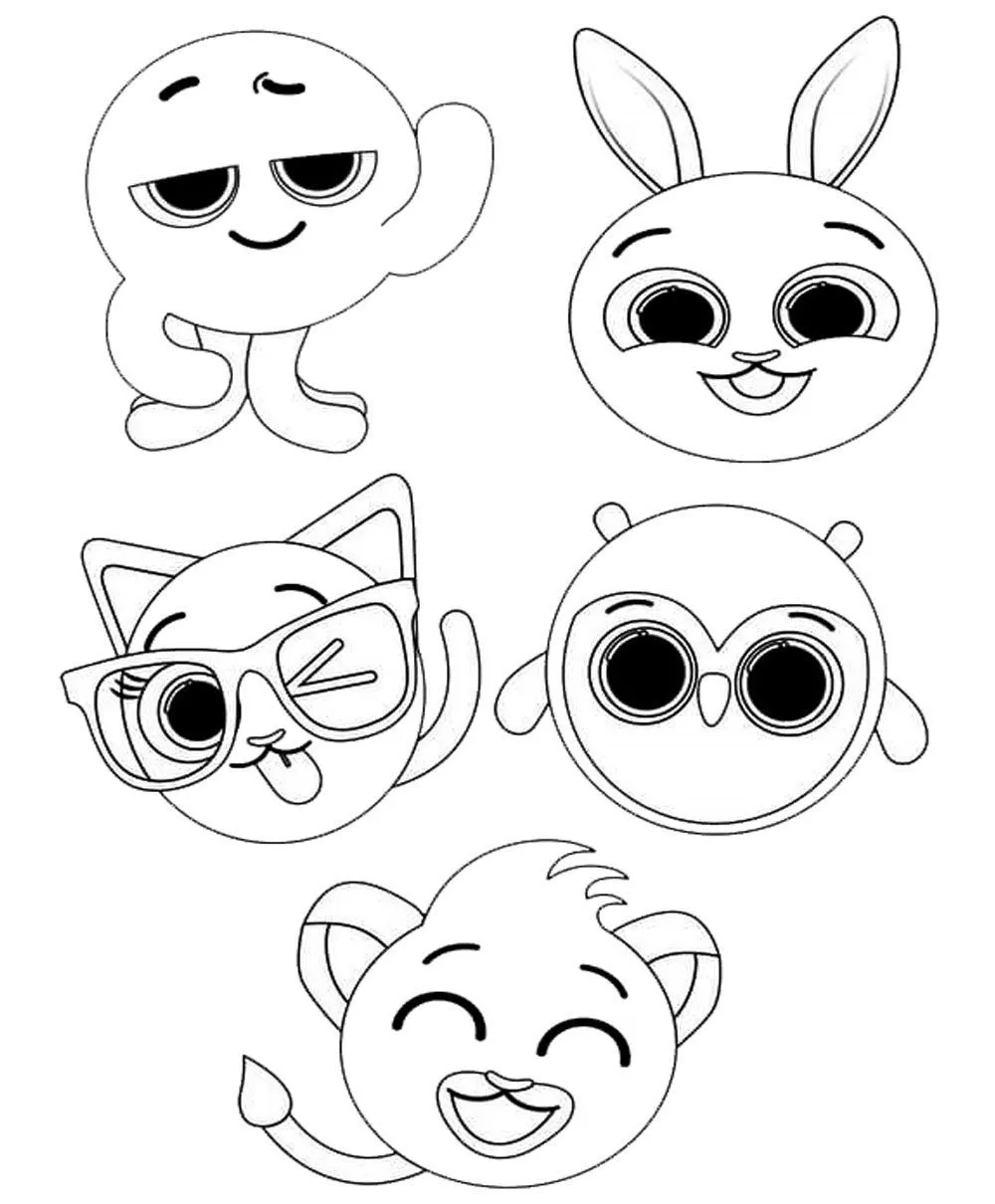 Desenho de contorno reunindo os cinco personagens dos Bolofofos: o polvinho Pow, a coelhinha Bunny, a gatinha Sophie piscando, a corujinha Pipi e o leãozinho Rick sorrindo.