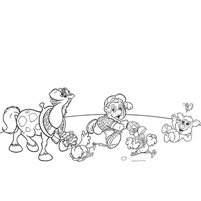 Desenho de contorno da turma do Cocoricó: o cavalo Alípio, o menino Júlio e as galinhas correndo alegremente em uma linha na fazenda.