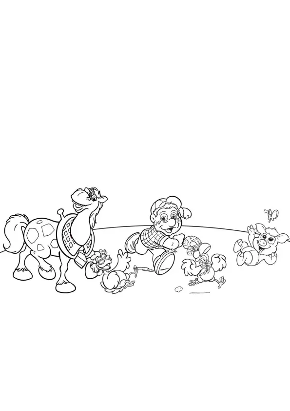 Desenho de contorno da turma do Cocoricó: o cavalo Alípio, o menino Júlio e as galinhas correndo alegremente em uma linha na fazenda.