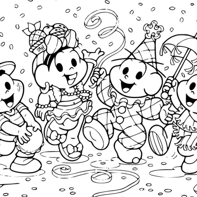 Desenho de contorno da Turma da Mônica fantasiada no Carnaval: Magali de Carmen Miranda, Cebolinha de palhaço, Cascão com sombrinha de frevo e Mônica com tamborim.