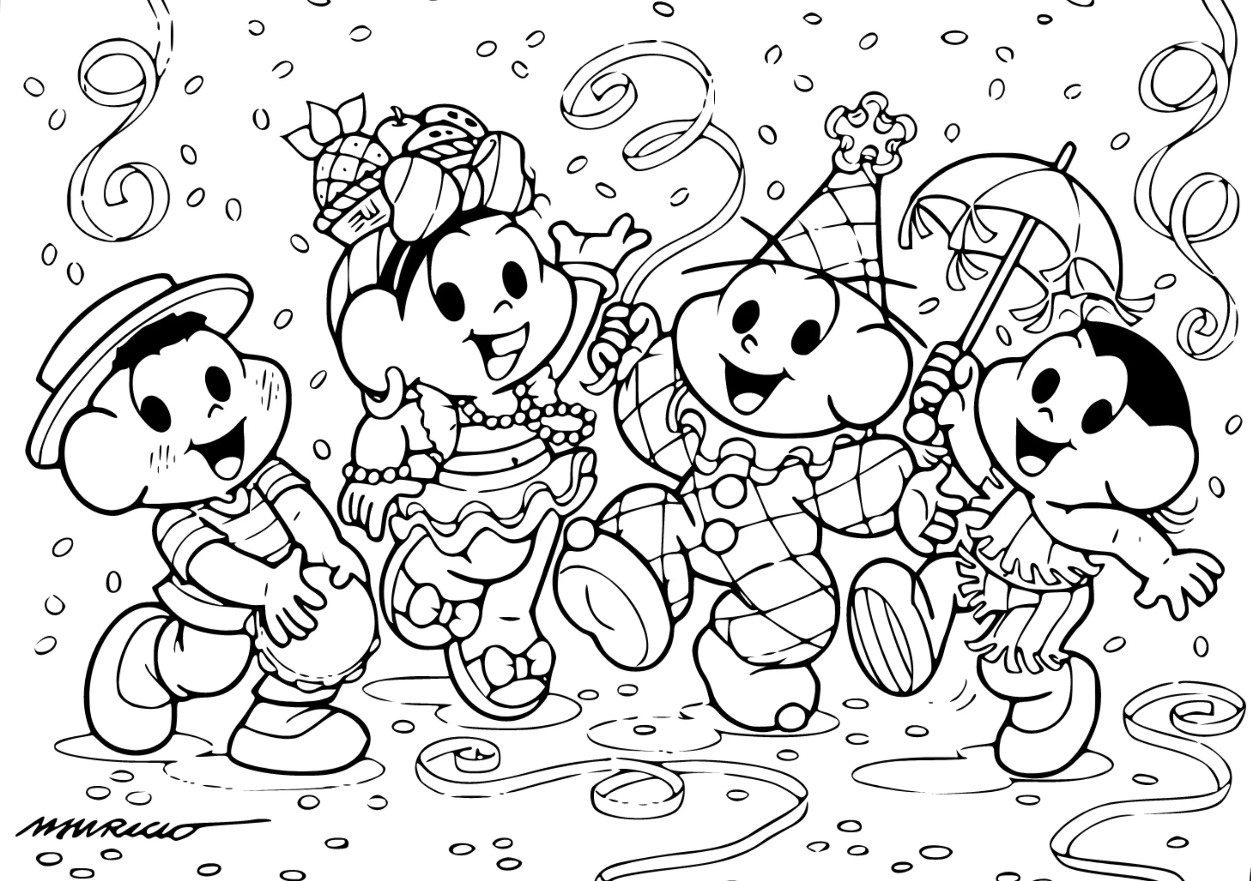 Desenho de contorno da Turma da Mônica fantasiada no Carnaval: Magali de Carmen Miranda, Cebolinha de palhaço, Cascão com sombrinha de frevo e Mônica com tamborim.