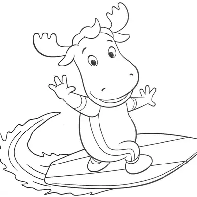 Desenho de contorno em preto e branco do personagem Tyrone, um alce de Backyardigans, equilibrando-se em uma prancha de surf sobre uma onda com espuma, usando uma roupa de mergulho.