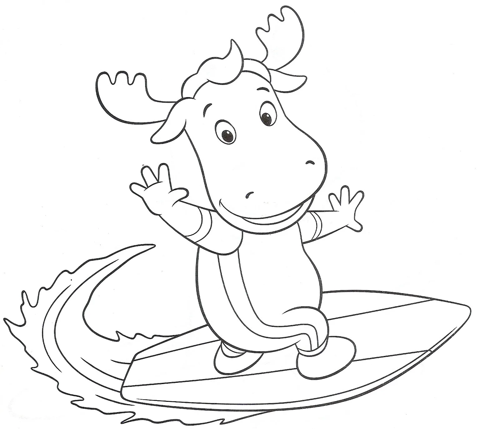 Desenho de contorno em preto e branco do personagem Tyrone, um alce de Backyardigans, equilibrando-se em uma prancha de surf sobre uma onda com espuma, usando uma roupa de mergulho.