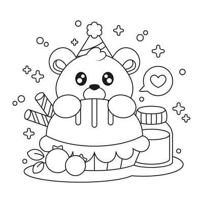Desenho de contorno de um urso pequeno com chapéu de festa segurando um cupcake grande, ao lado de um pote de mel e estrelas brilhantes.