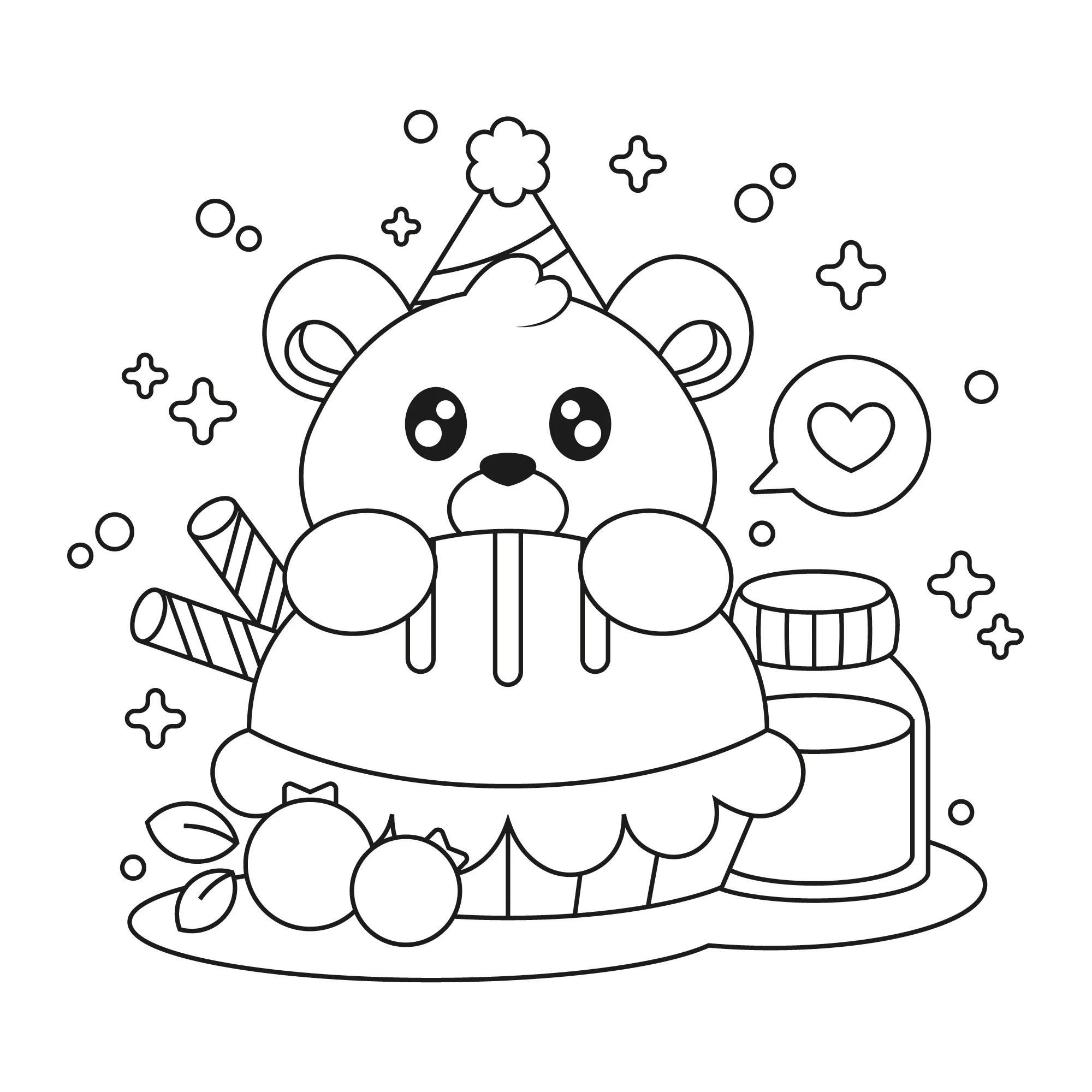 Desenho de contorno de um urso pequeno com chapéu de festa segurando um cupcake grande, ao lado de um pote de mel e estrelas brilhantes.
