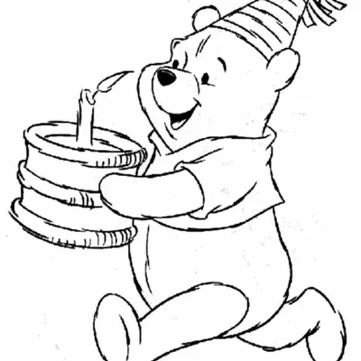 Desenho de contorno de um urso fofo correndo, vestindo camiseta e chapéu de festa listrado, segurando um bolo de camadas com uma vela.