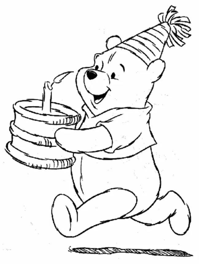 Desenho de contorno de um urso fofo correndo, vestindo camiseta e chapéu de festa listrado, segurando um bolo de camadas com uma vela.