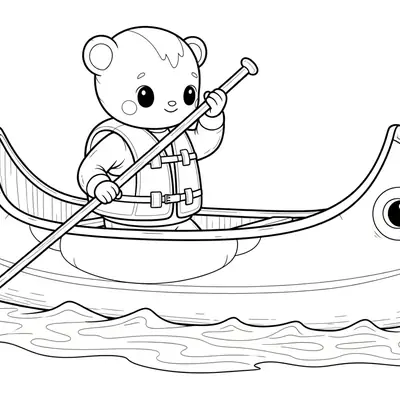 Desenho de contorno de um ursinho amigável dentro de uma canoa, segurando um remo, usando colete salva-vidas e navegando na água.