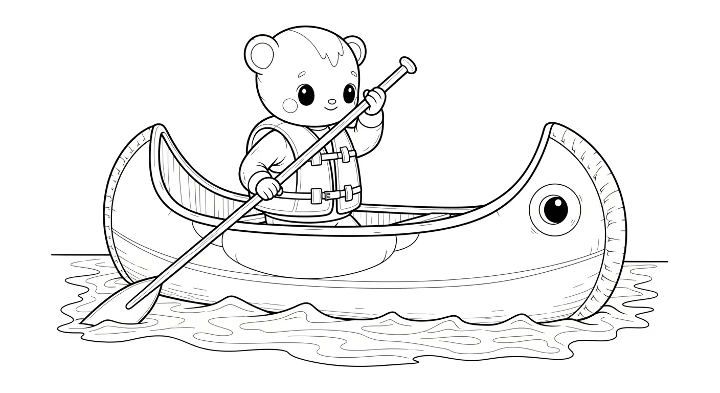 Desenho de contorno de um ursinho amigável dentro de uma canoa, segurando um remo, usando colete salva-vidas e navegando na água.