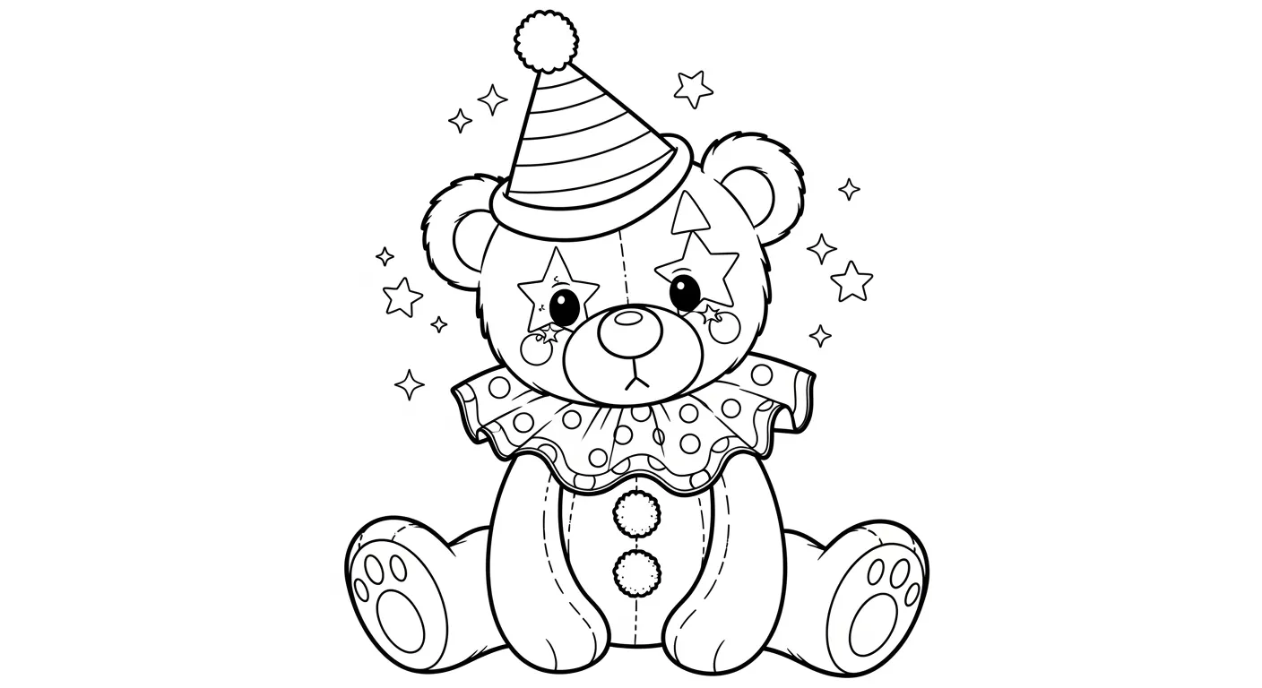 Desenho de contorno de um urso de pelúcia sentado, usando chapéu de cone listrado, gola de palhaço com bolinhas e maquiagem de estrela nos olhos.