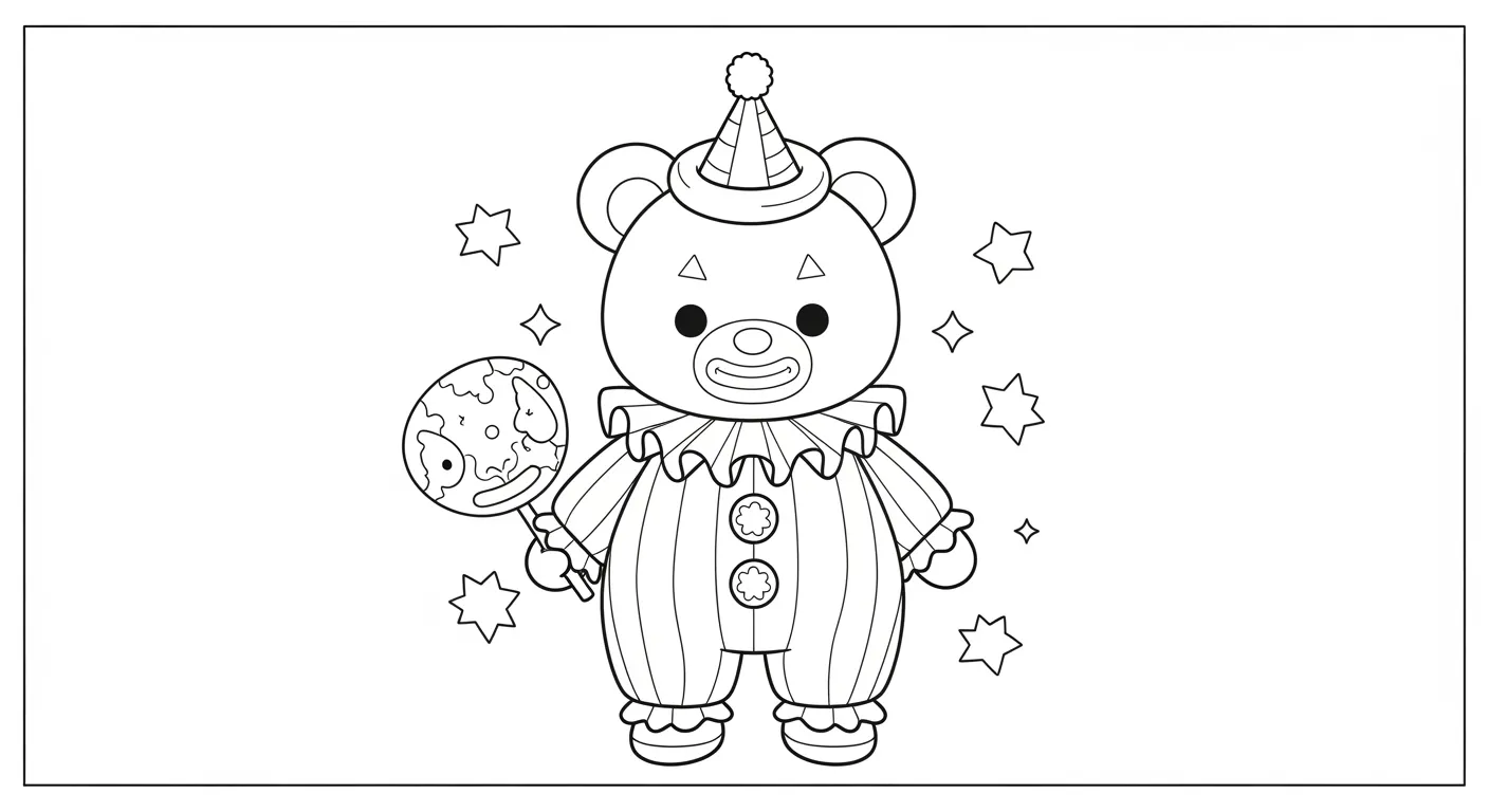 Desenho de contorno de um urso fofo usando fantasia de palhaço com chapéu, gola de babados e segurando um pirulito redondo grande.