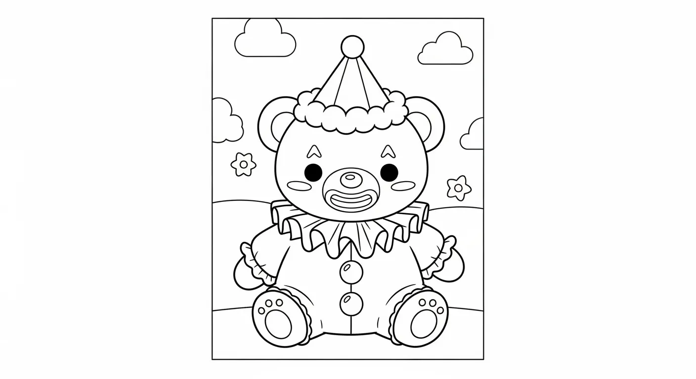 Desenho de contorno de um urso fofo sentado usando fantasia de palhaço, gola de babados e chapéu de cone, com nuvens e flores ao fundo.