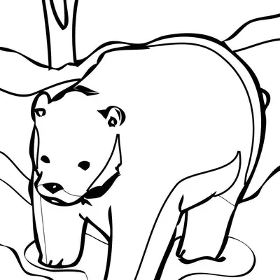 Desenho de contorno de um urso polar de corpo inteiro, caminhando sobre gelo e neve, com traços pretos marcantes para pintura.