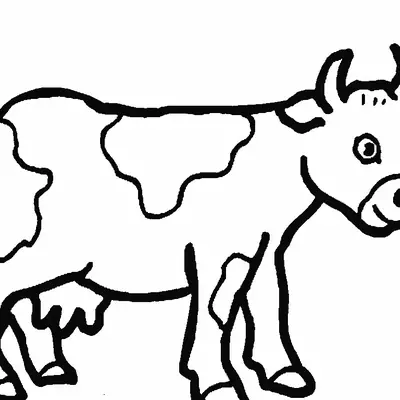 Desenho de contorno simples de uma vaca com chifres pequenos, sorrindo e com grandes manchas pelo corpo.