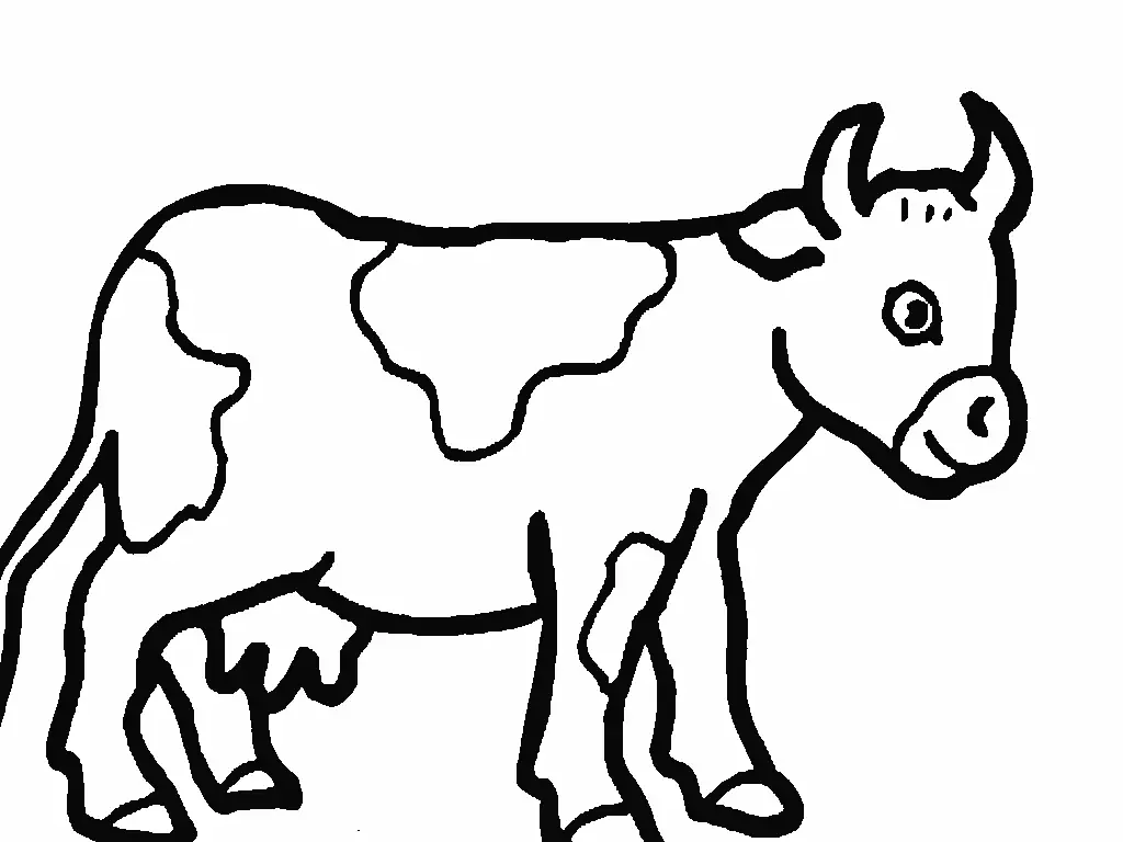 Desenho de contorno simples de uma vaca com chifres pequenos, sorrindo e com grandes manchas pelo corpo.