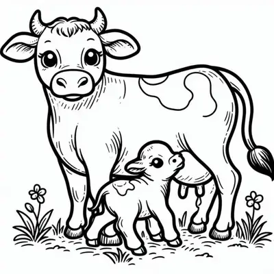 Desenho de contorno de uma vaca adulta em pé ao lado de um bezerro pequeno, ambos com manchas e olhos grandes, cercados por flores.