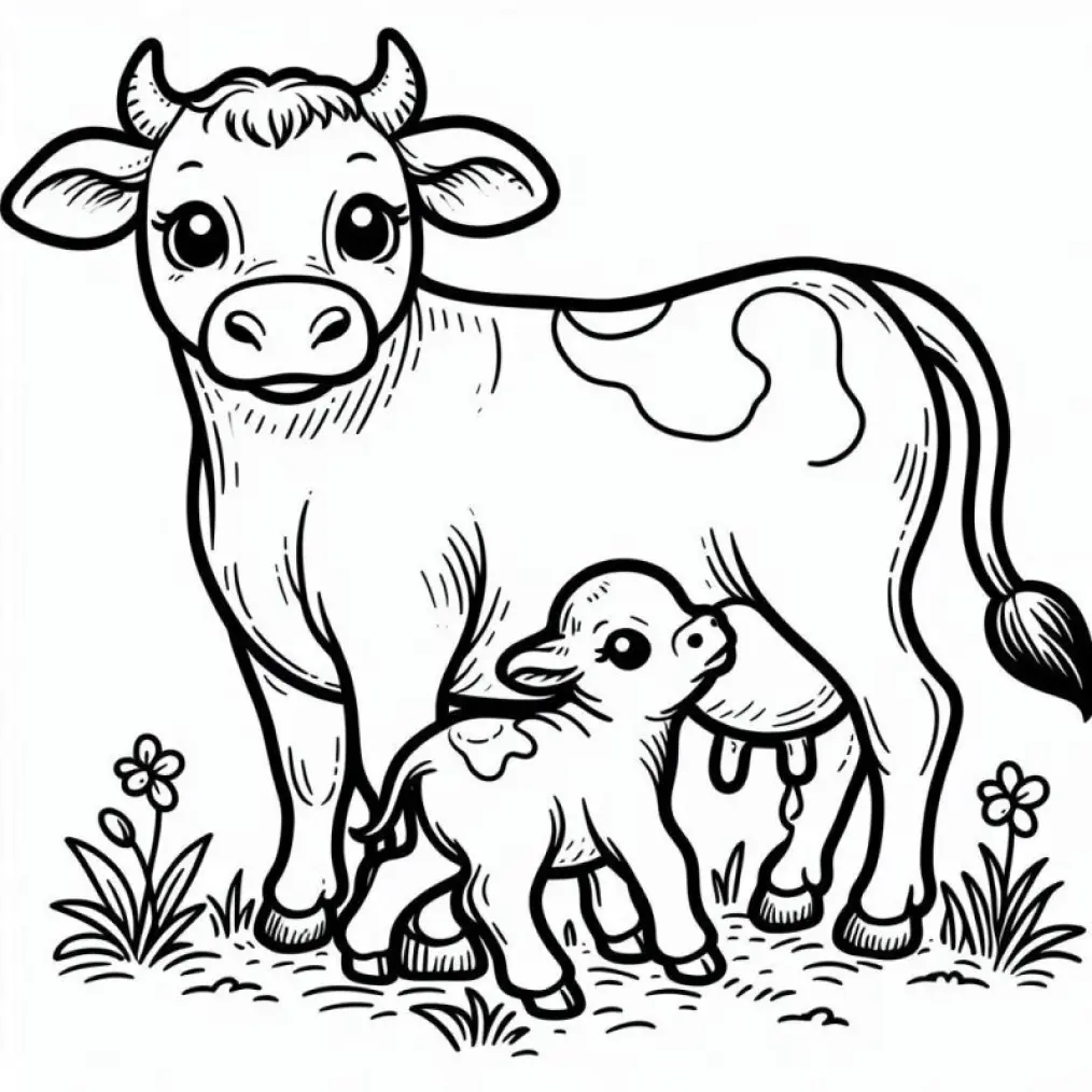 Desenho de contorno de uma vaca adulta em pé ao lado de um bezerro pequeno, ambos com manchas e olhos grandes, cercados por flores.