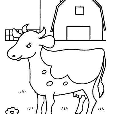 Desenho de contorno de uma vaca sorridente com cílios longos, algumas manchas no corpo, flores no chão e um celeiro com silo ao fundo.