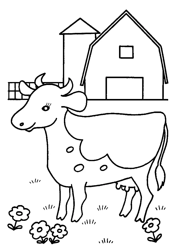 Desenho de contorno de uma vaca sorridente com cílios longos, algumas manchas no corpo, flores no chão e um celeiro com silo ao fundo.