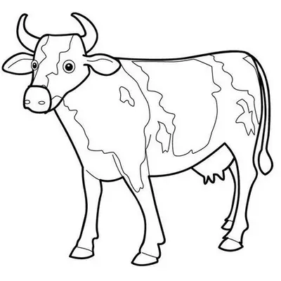 Desenho de contorno de uma vaca adulta em pé, com manchas irregulares pelo corpo, chifres curvados e úbere visível.