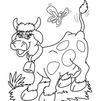 Desenho de contorno da vaca Mimosa do Cocoricó com manchas, usando um sino no pescoço e olhando para uma borboleta no ar.