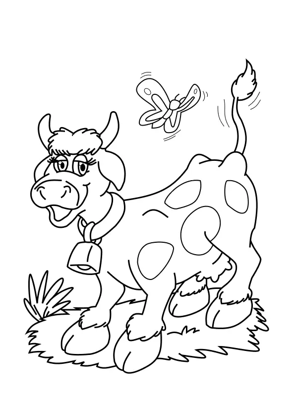 Desenho de contorno da vaca Mimosa do Cocoricó com manchas, usando um sino no pescoço e olhando para uma borboleta no ar.