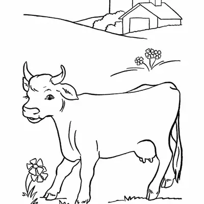 Desenho de contorno de uma vaca caminhando em um campo com flores, tendo ao fundo uma casa de fazenda, celeiro e silos.